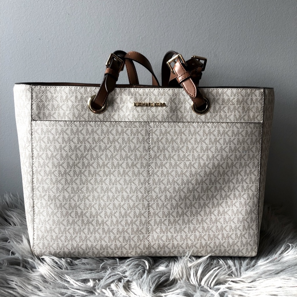 Michael Kors NWOT Large Jet Set Tote Multifunctional White Brown LOGO Laptop